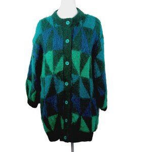 Mohair Label Irish Mohair & Wool Geo Print Cardigan, Greens & Peacock Blue ? Med